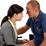 ** A supportive professional assessing the skills of a disabled person, using tools like interviews and tests, in a warm and encouraging environment.

**