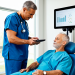 A professional rehabilitation specialist in modest, modern scrubs is guiding a diverse, middle-aged male client through a preventative physical exercise in a brightly lit, state-of-the-art rehabilitation center. The specialist uses a tablet displaying data analytics to monitor the client's form, emphasizing precision and a proactive approach to health. The client, fully clothed in appropriate athletic wear, performs the exercise with perfect anatomy, correct proportions, and a natural pose, while well-formed hands are visible. The background features sleek medical technology and a clean, minimalist design, conveying innovation and advanced care. This image is safe for work, appropriate content, and showcases professional dress, natural body proportions, and proper finger count.