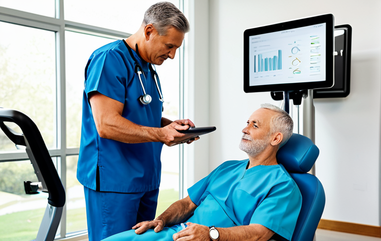 A professional rehabilitation specialist in modest, modern scrubs is guiding a diverse, middle-aged male client through a preventative physical exercise in a brightly lit, state-of-the-art rehabilitation center. The specialist uses a tablet displaying data analytics to monitor the client's form, emphasizing precision and a proactive approach to health. The client, fully clothed in appropriate athletic wear, performs the exercise with perfect anatomy, correct proportions, and a natural pose, while well-formed hands are visible. The background features sleek medical technology and a clean, minimalist design, conveying innovation and advanced care. This image is safe for work, appropriate content, and showcases professional dress, natural body proportions, and proper finger count.