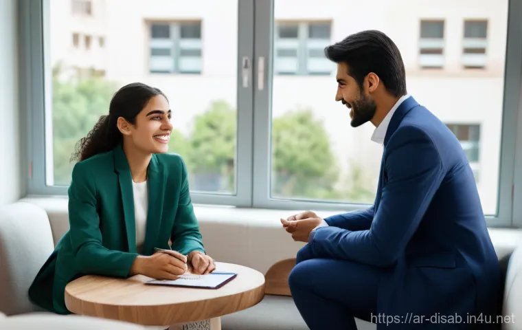 장애인재활상담사와 사례관리 기법 - A heartwarming scene featuring an empathetic male rehabilitation counselor in his late 30s, dressed ...