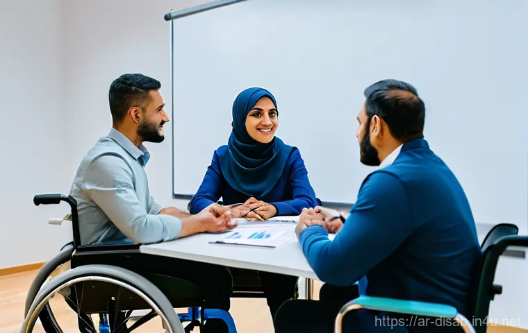 장애인재활상담사와 사례관리 기법 - A heartwarming scene featuring an empathetic male rehabilitation counselor in his late 30s, dressed ...