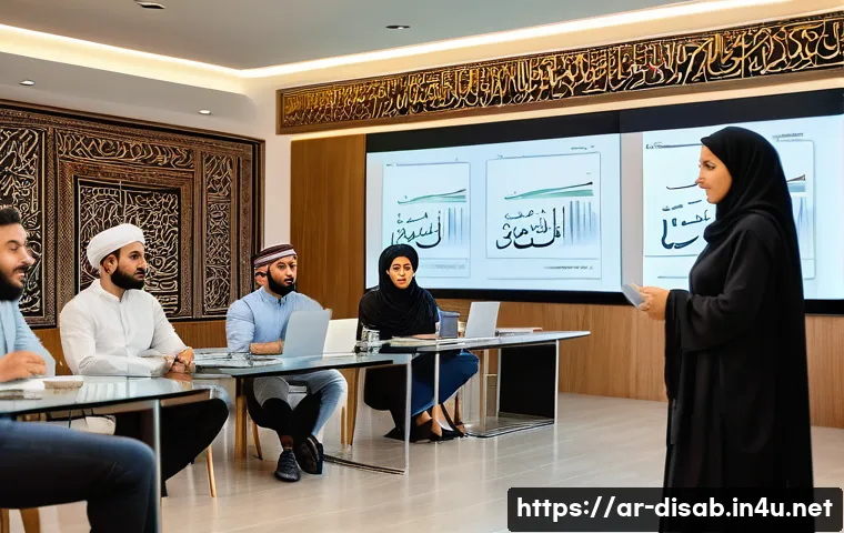 장애인재활상담사 커뮤니티 모임 - A professional workshop scene in a modern conference room filled with Middle Eastern rehabilitation ...