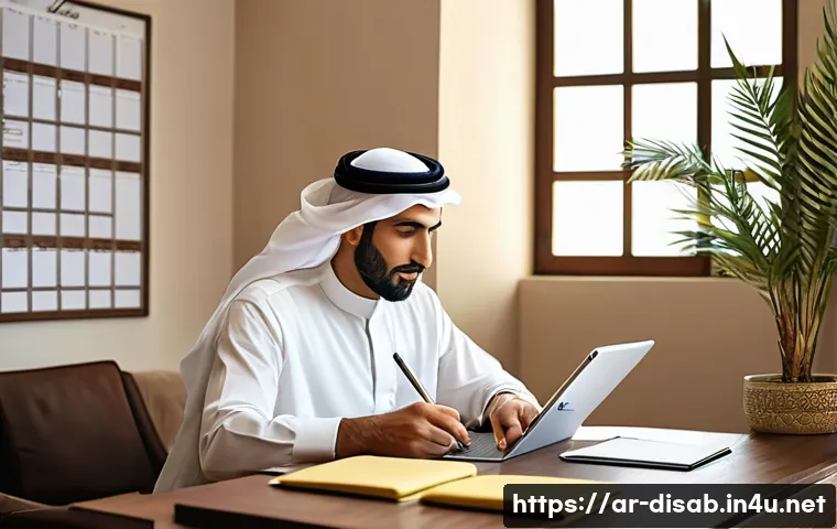 장애인재활상담사 시간 관리 팁 - A modern Arabic office environment showcasing a professional Arab man in traditional attire (thobe a...