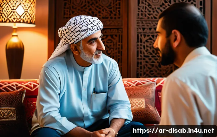 장애인재활상담사 상담 스킬 - A compassionate professional counselor attentively listening to an elderly Arab man with special nee...