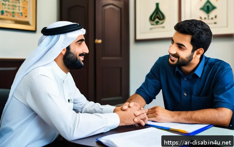 장애인재활상담사 직업윤리 교육 - A compassionate professional counselor sitting in a bright, welcoming office with an Arab man with a...