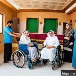 장애인재활상담사 필수 이론 - A warm and inclusive rehabilitation center scene in an Arabic cultural setting, showing a diverse gr...
