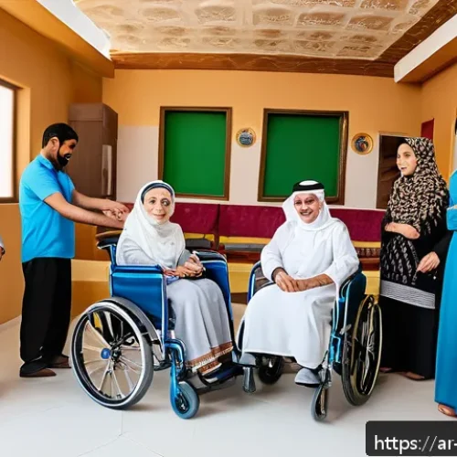 장애인재활상담사 필수 이론 - A warm and inclusive rehabilitation center scene in an Arabic cultural setting, showing a diverse gr...