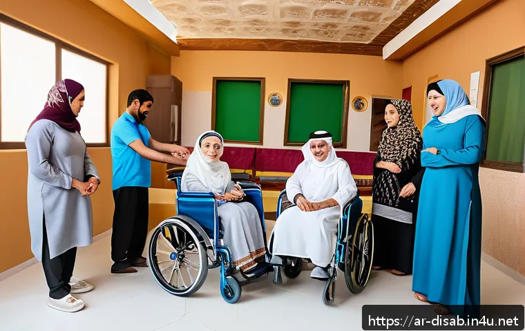 장애인재활상담사 필수 이론 - A warm and inclusive rehabilitation center scene in an Arabic cultural setting, showing a diverse gr...