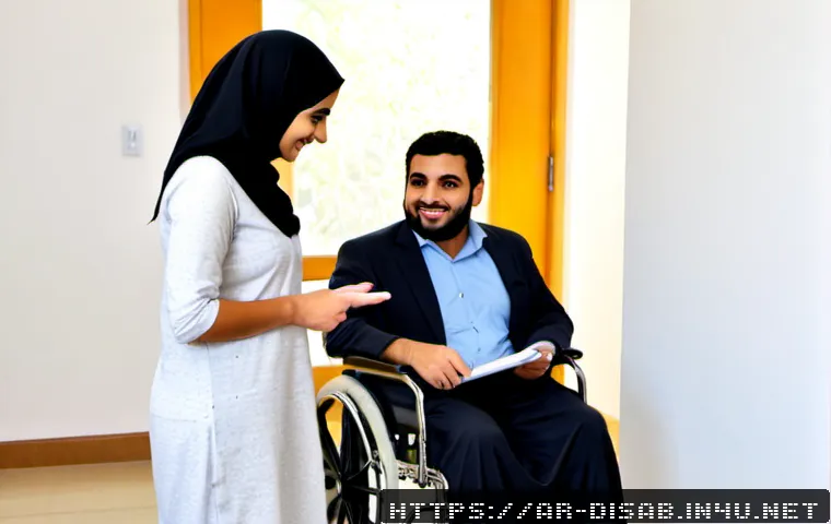 Home 17 장애인재활상담사와 장애인 지원 제도 - Photorealistic disability rehabilitation counselor in modest professional attire warmly meeting an A...