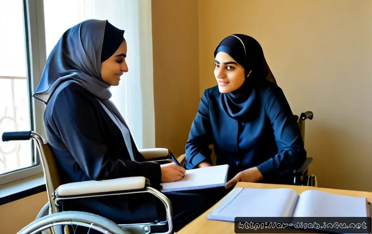 장애인재활상담사와 상담일지 기록법 - Photorealistic rehabilitation counseling session in a bright, accessible clinic in an Arab city, a c...